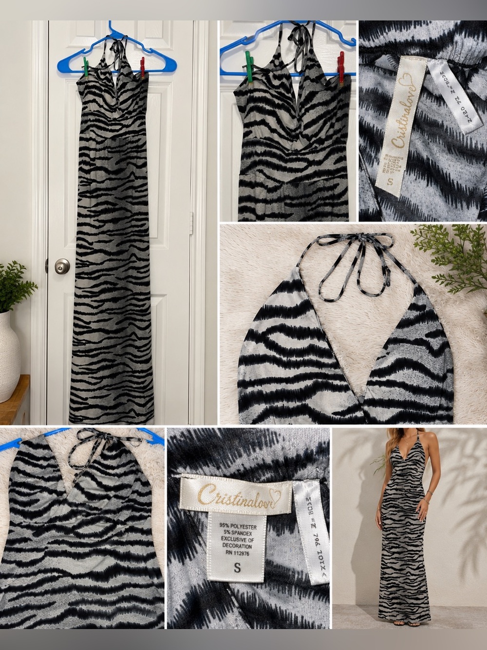 Cristinalove Zebra Print Halter Maxi Dress Size Small Y2K